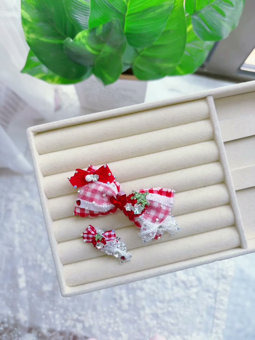 Red Gingham Pet Hair Bow Set
