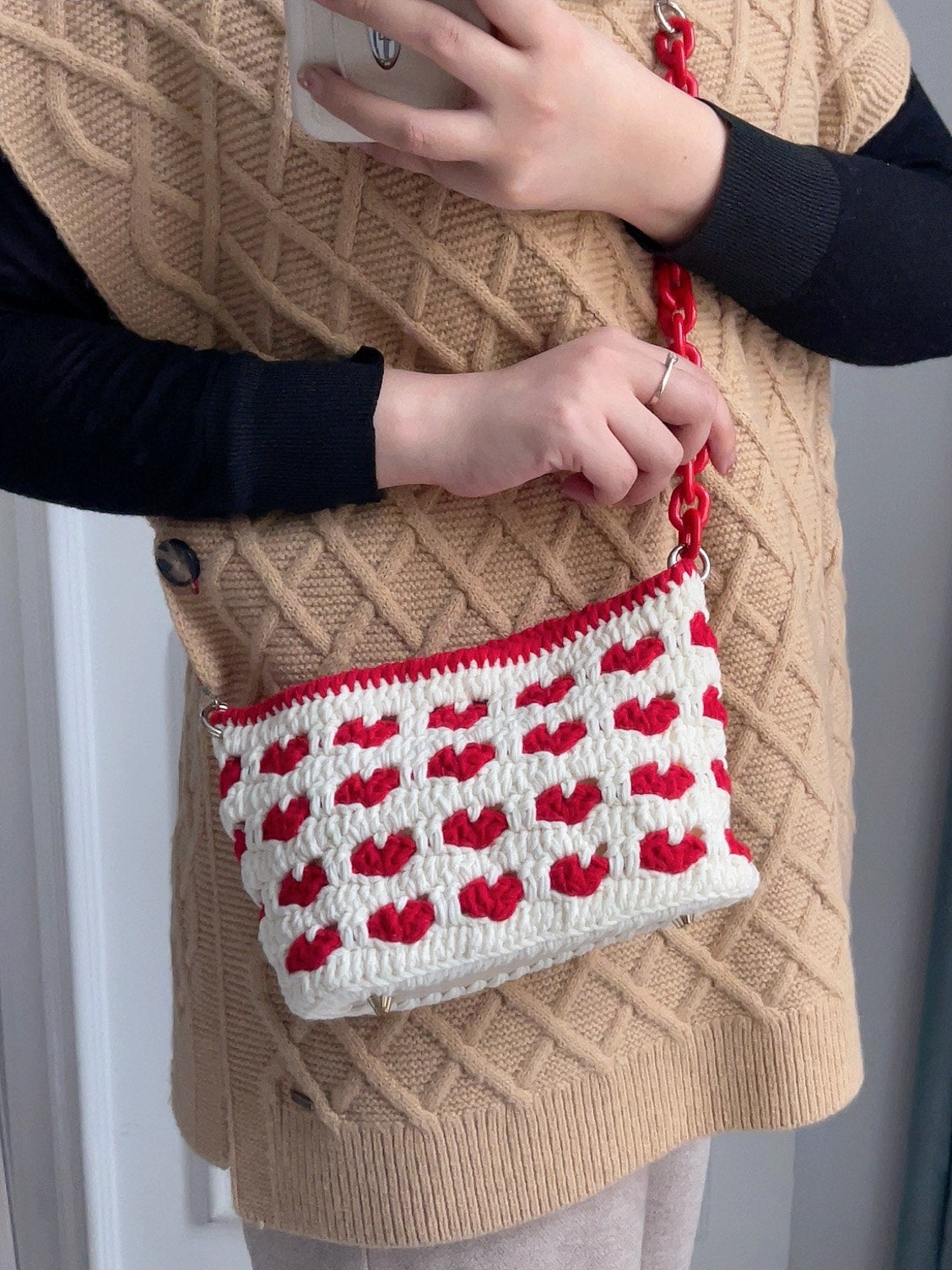 Handmade Crocheted Heart Bag Red White