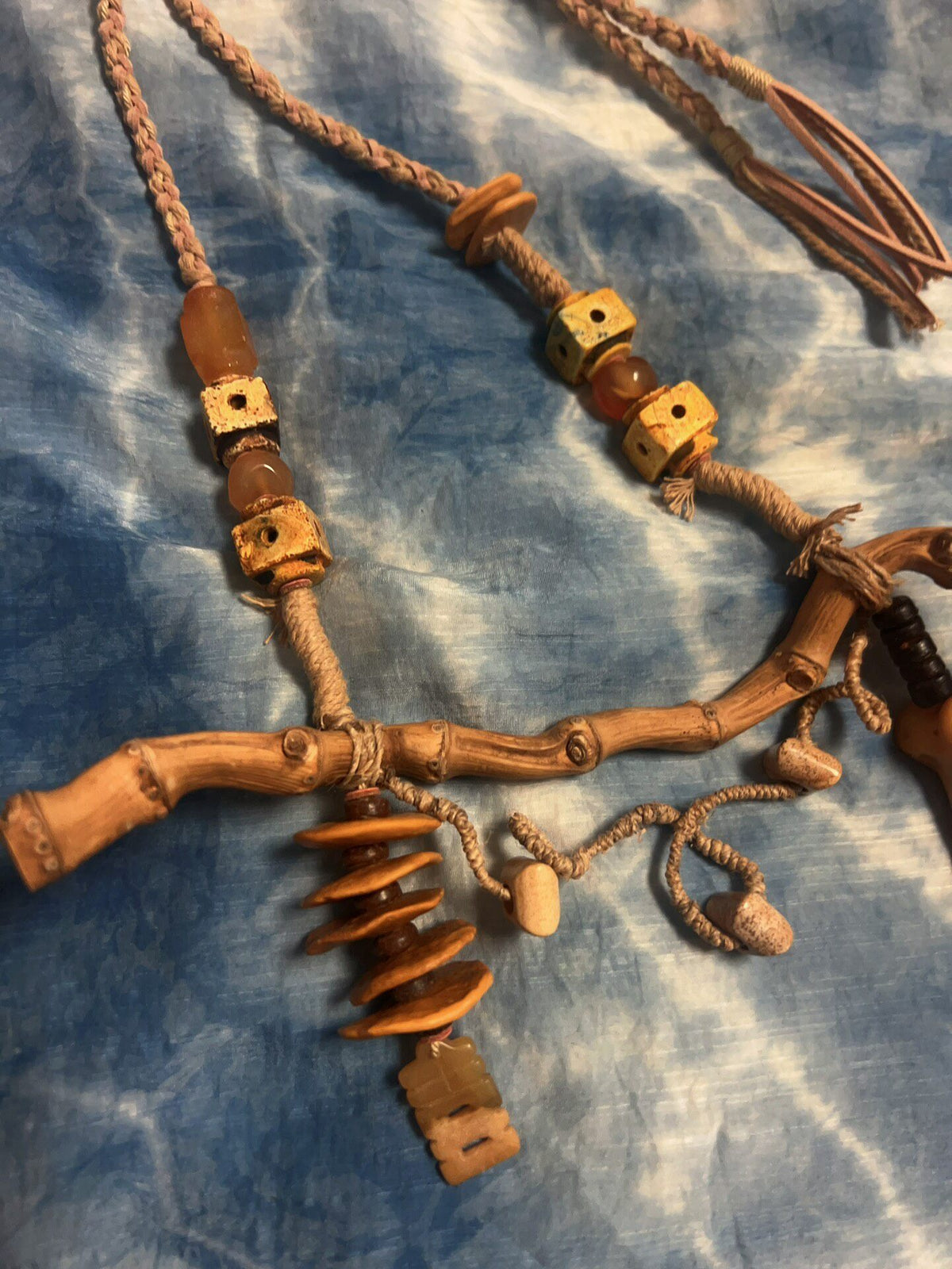 Handwoven Bamboo Root Necklace with Bone Pendant