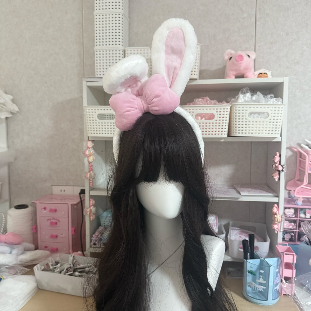 White Plush Bunny Ear Headband with Pink Bow