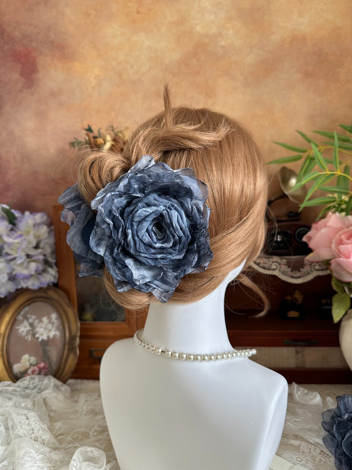 Indigo Fabric Rose Hair Claw Clip