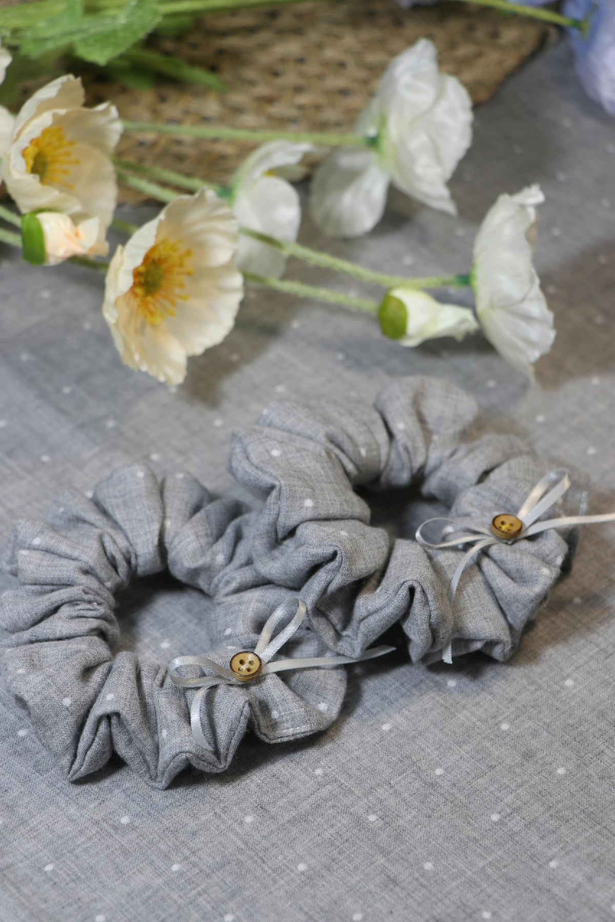 Gray Polka Dot Cotton Hair Scrunchie