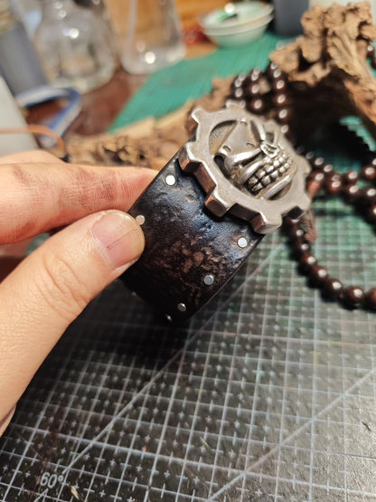 Steampunk Leather Cuff Bracelet with Skull and Gear Emblem