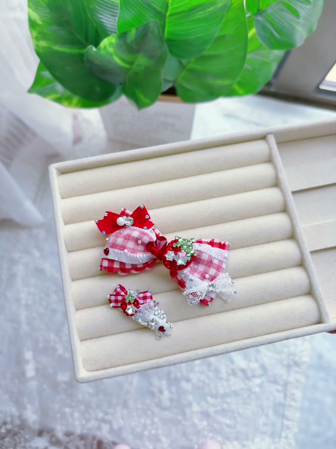 Red Gingham Pet Hair Bow Set