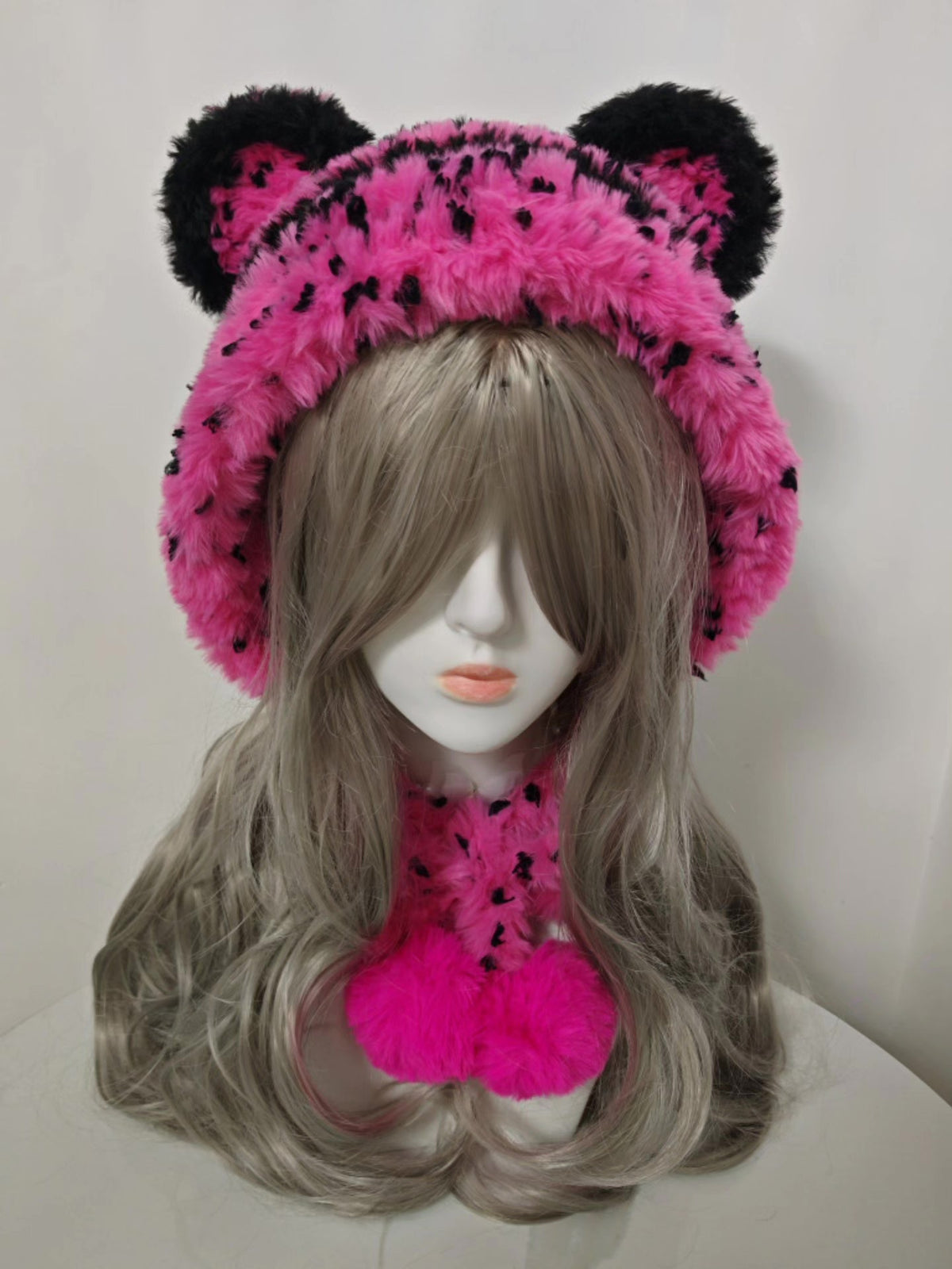 Pink Black Bear Ear Plush Winter Hat