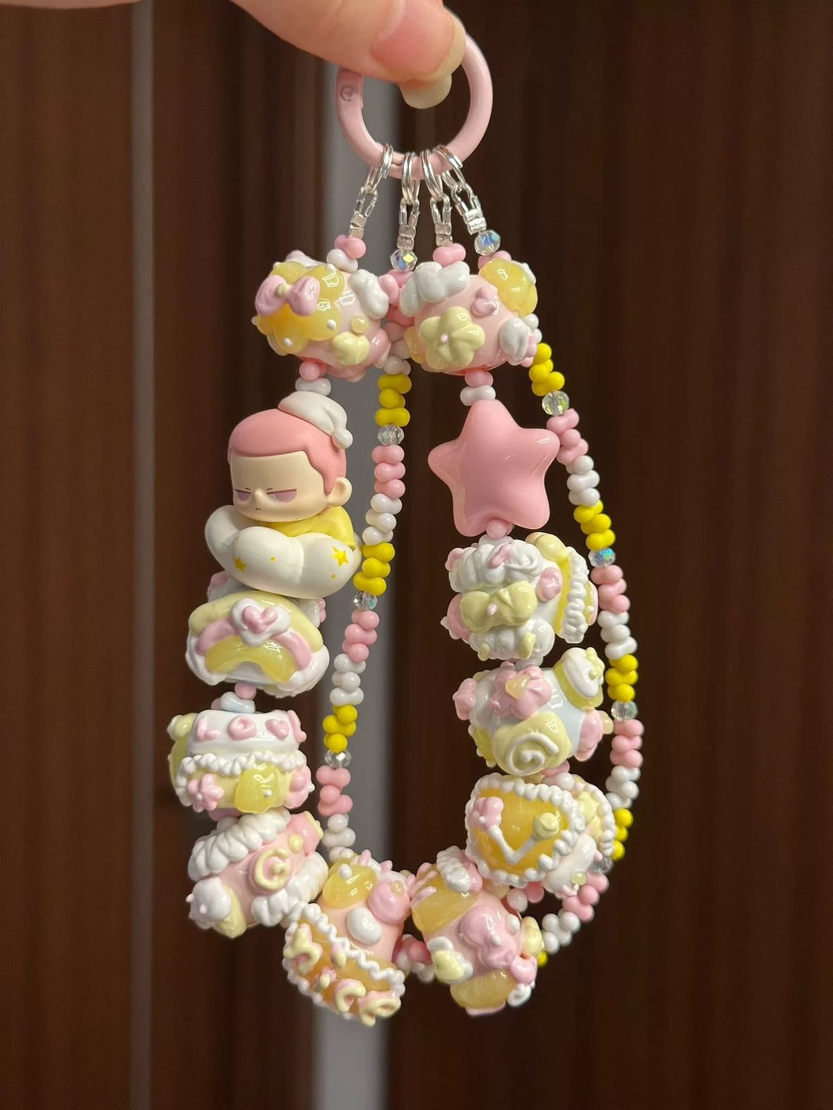 Hand Painted Bead Keychain Pink Yellow