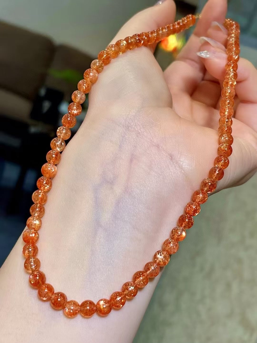 18k Gold Clasp Orange Bead Necklace with Golden Needle Inclusions 5.5-6mm
