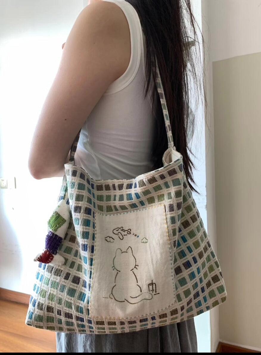 Handcrafted Cotton Linen Shoulder Bag Cat Embroidery