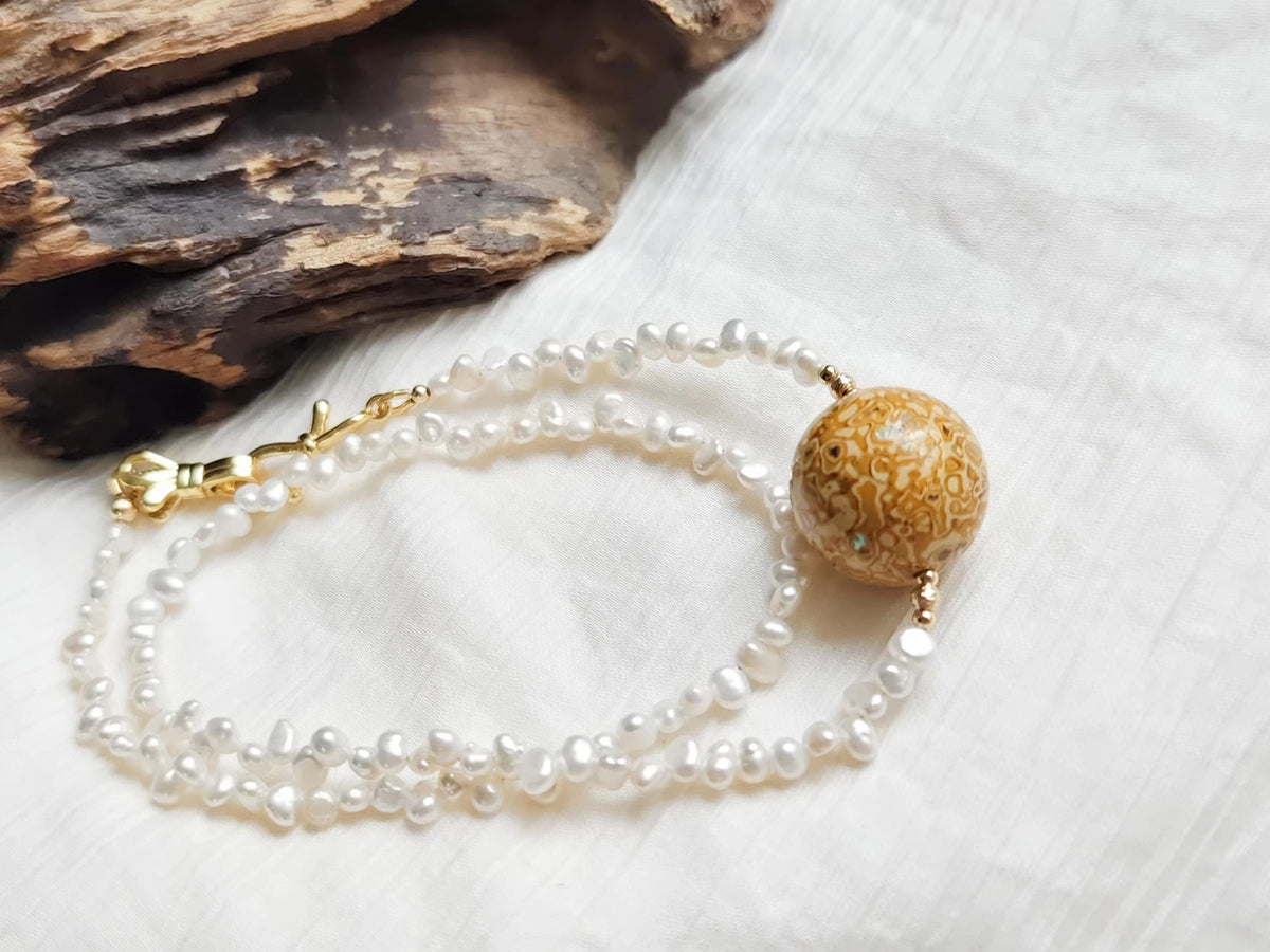 Natural Pearl Necklace with Amber Lacquer Bead