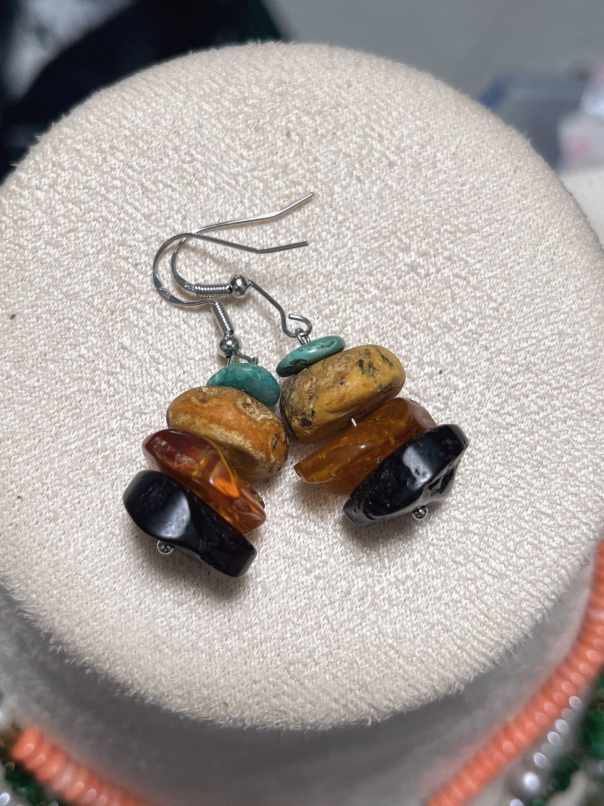 Natural Beeswax Amber Turquoise Dangle Earrings