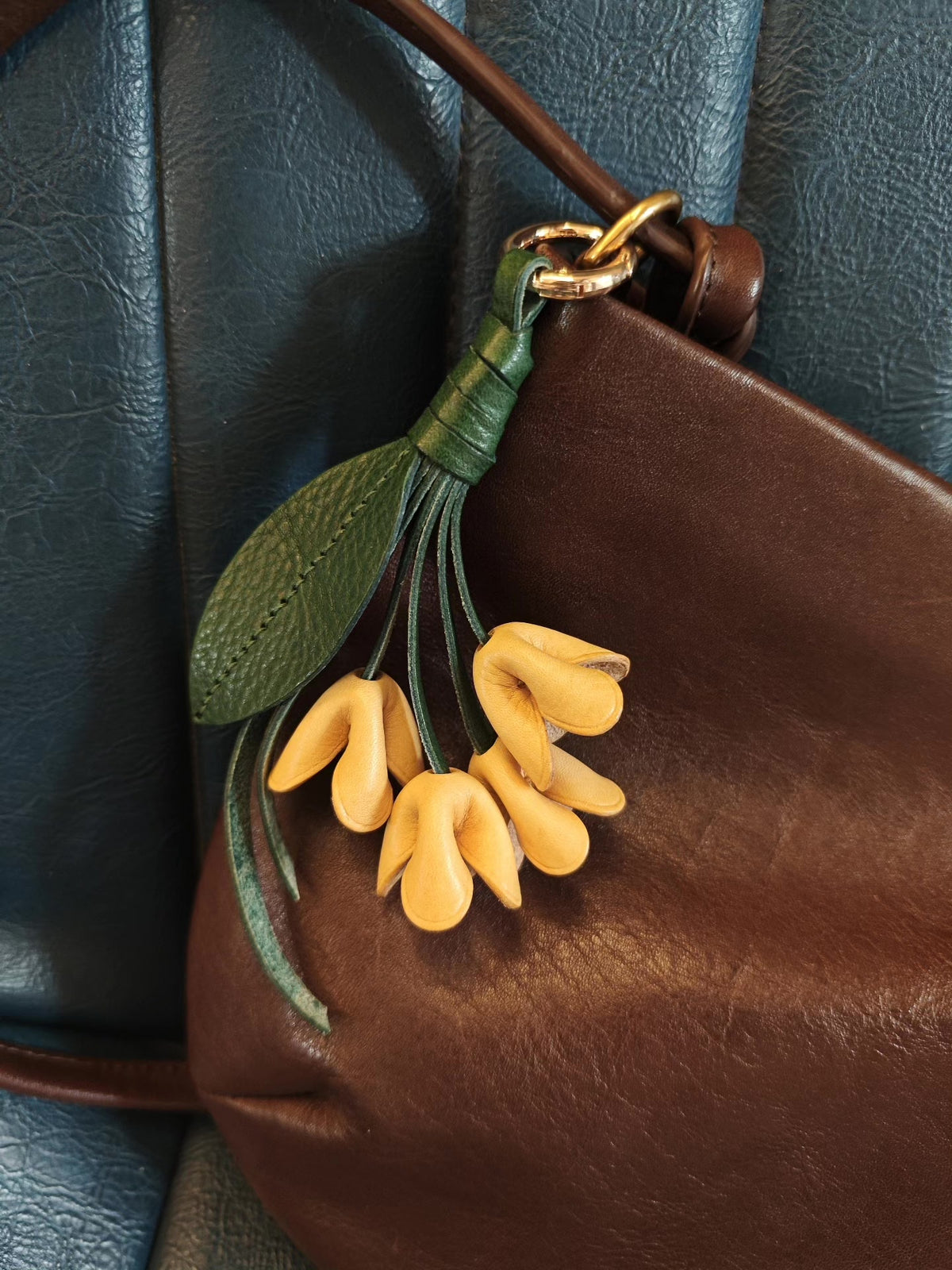 Vegetable-Tanned Leather Floral Bouquet Keychain Charm