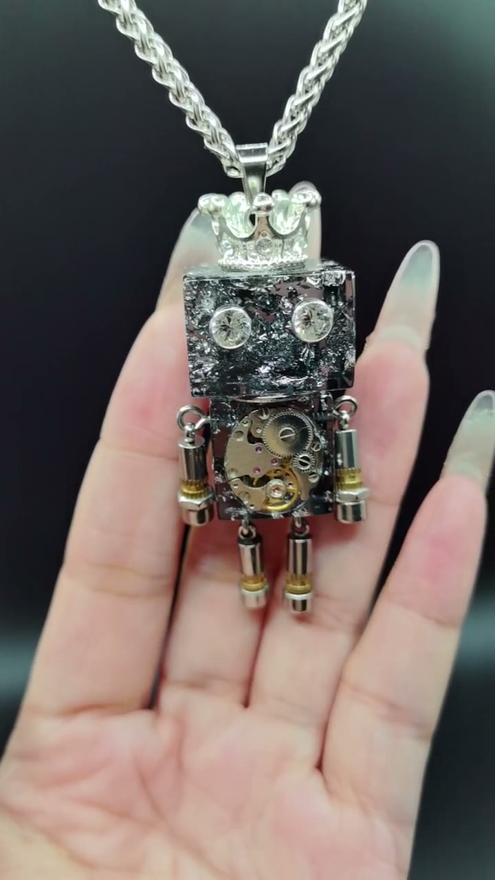 Handmade Punk Robot Pendant Necklace with Crown