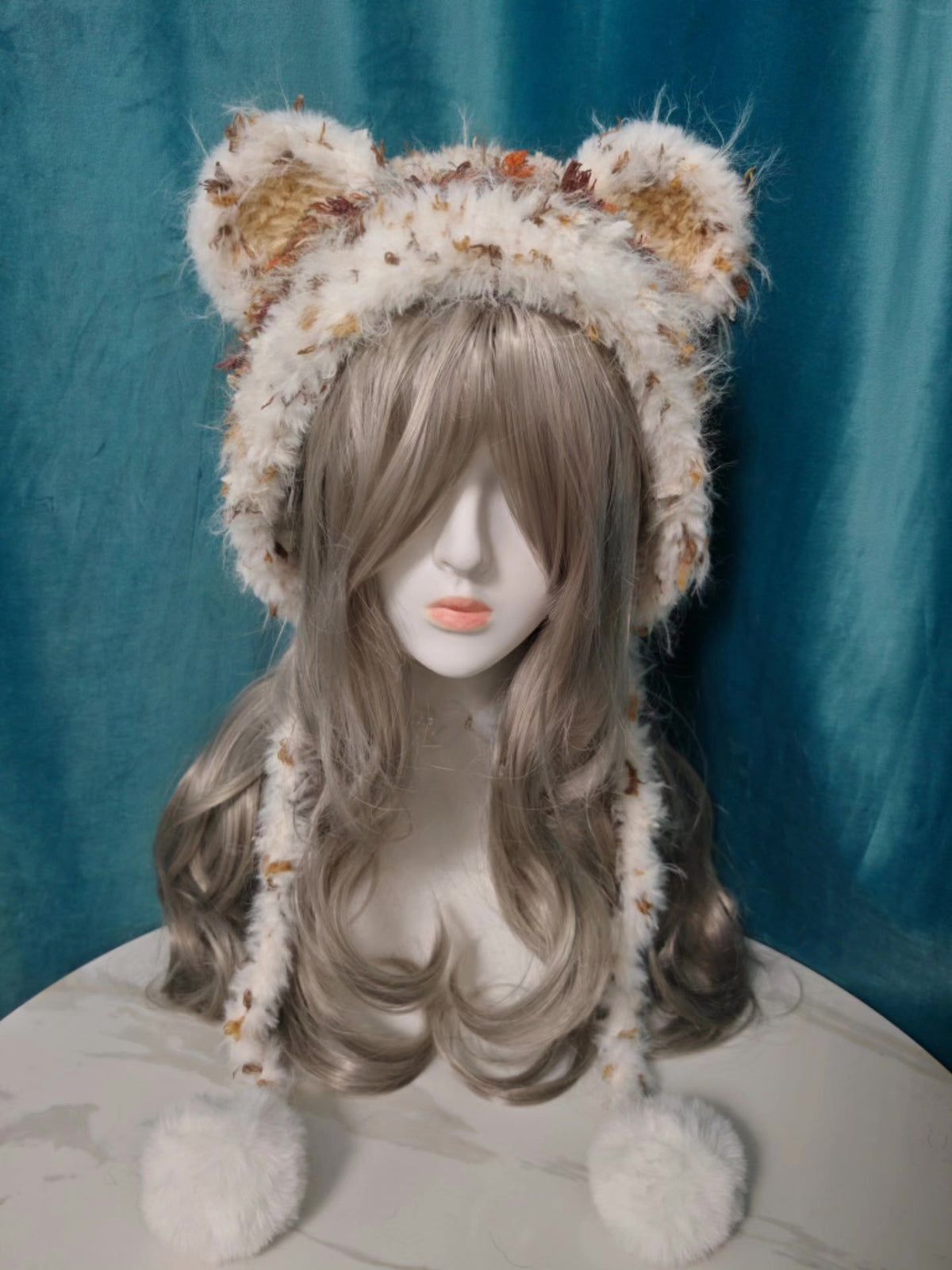 Milk Coffee Bear Hat with Faux Fur Pom Poms
