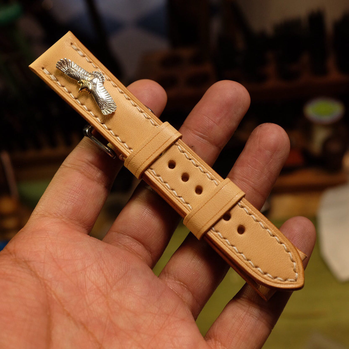 Italian Buttero Leather Watch Strap with Silver Eagle Buckle