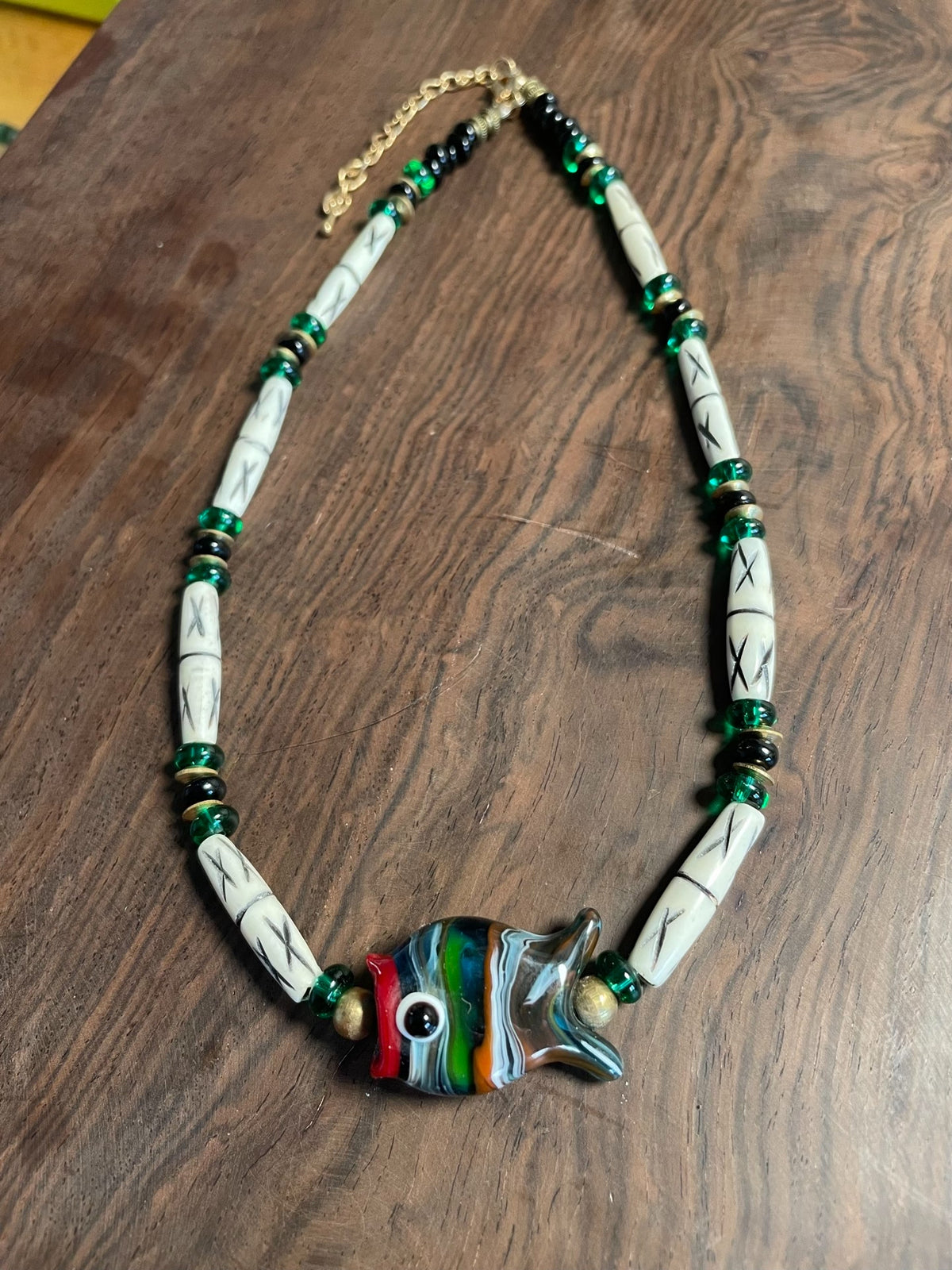 Multicolored Glass Fish Pendant Bone Bead Necklace