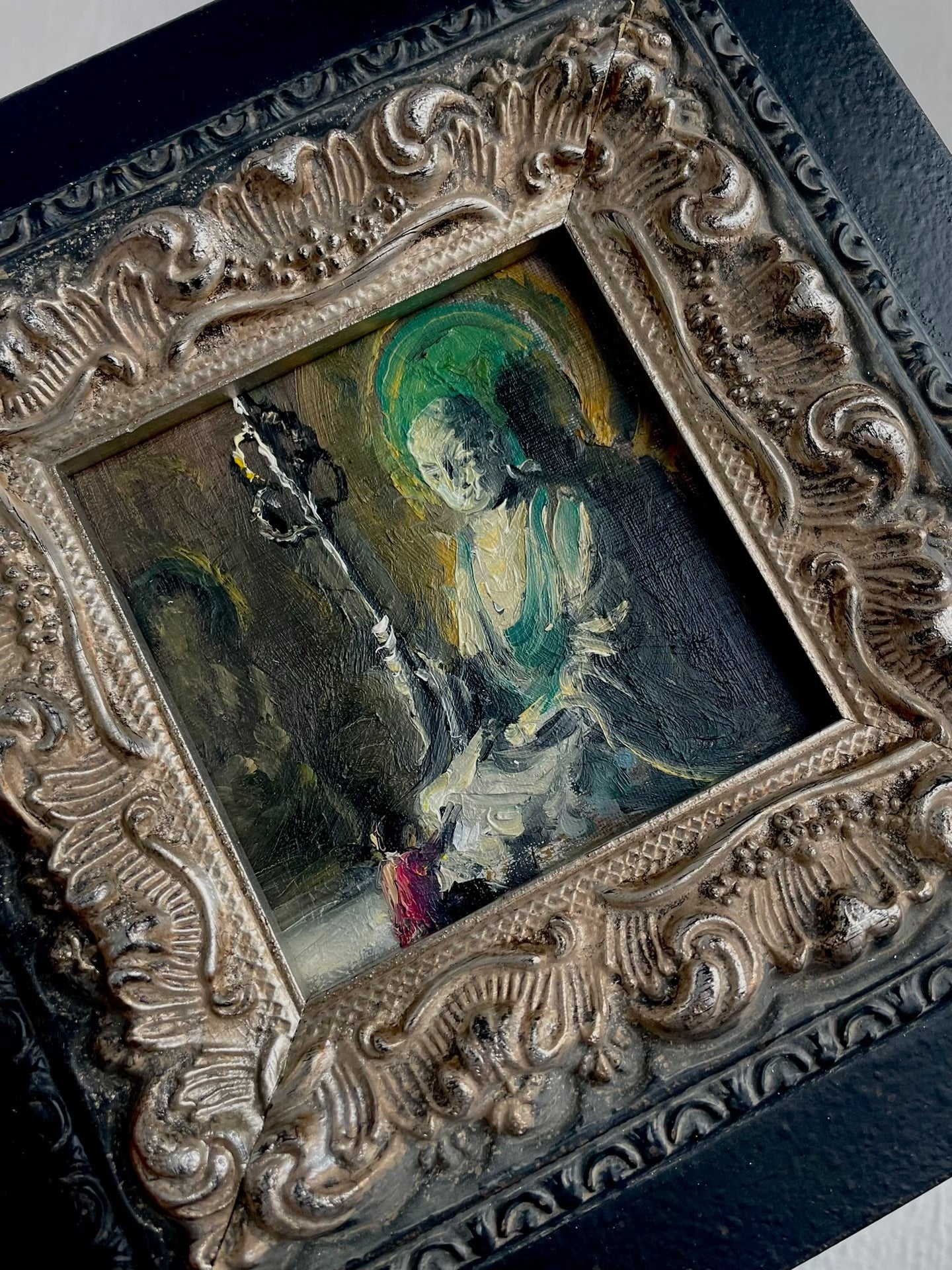 Framed Original Hand-Painted Oil Painting "Asking Earth Store" 10x10cm Canvas with Ornate Silver and Black Frame