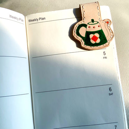 Magnetic Leather Bookmark – Teapot/Mug Shape with Hand-Painted Details