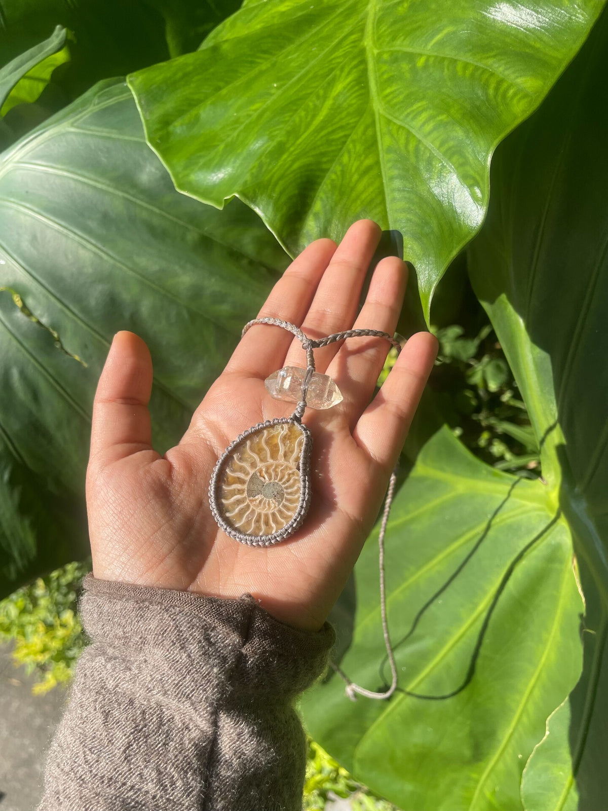 Ammonite Fossil White Crystal Handwoven Necklace
