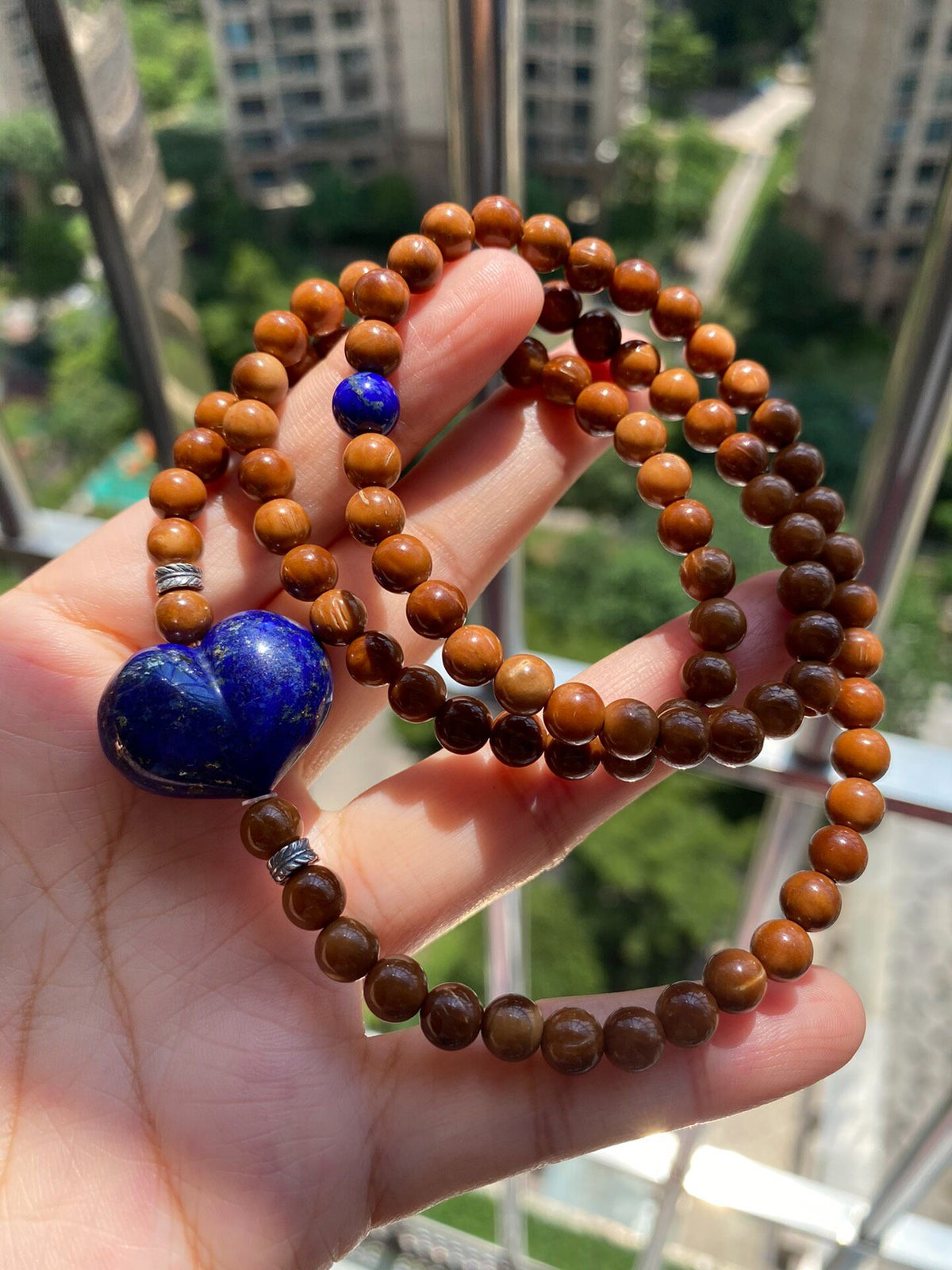 Three-Wrap Stone Bracelet with Lapis Heart Pendant
