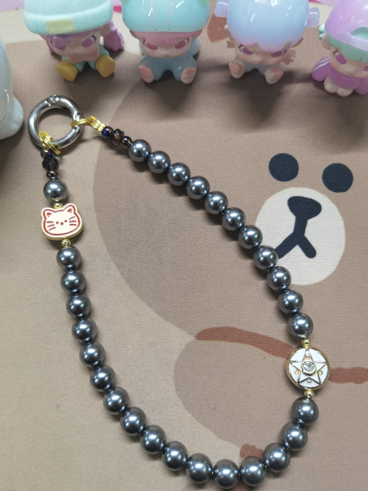 Handcrafted Black Pearl Cat Star Phone Charm