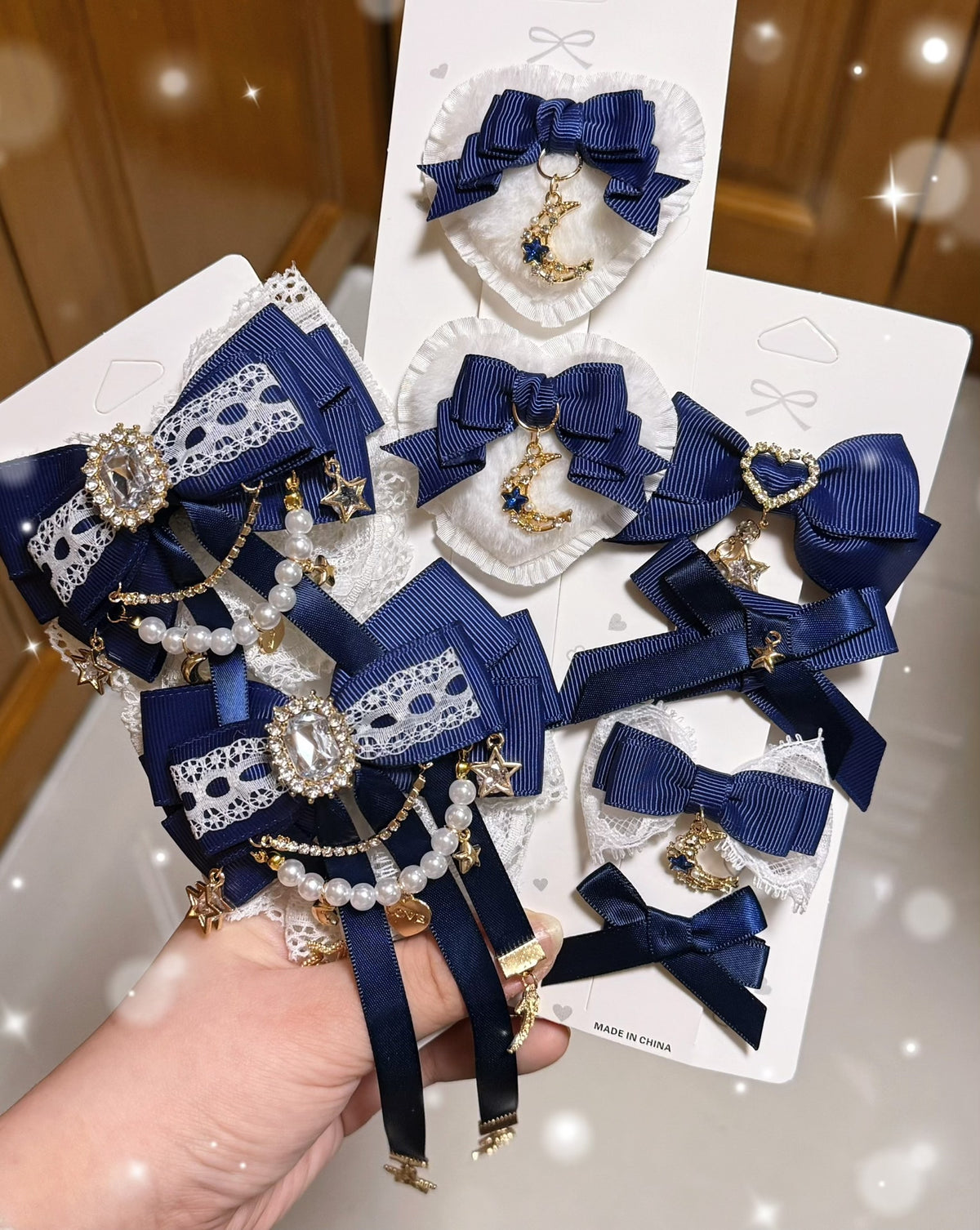 Navy Blue Ribbon Lace Bow Hair Clip Set
