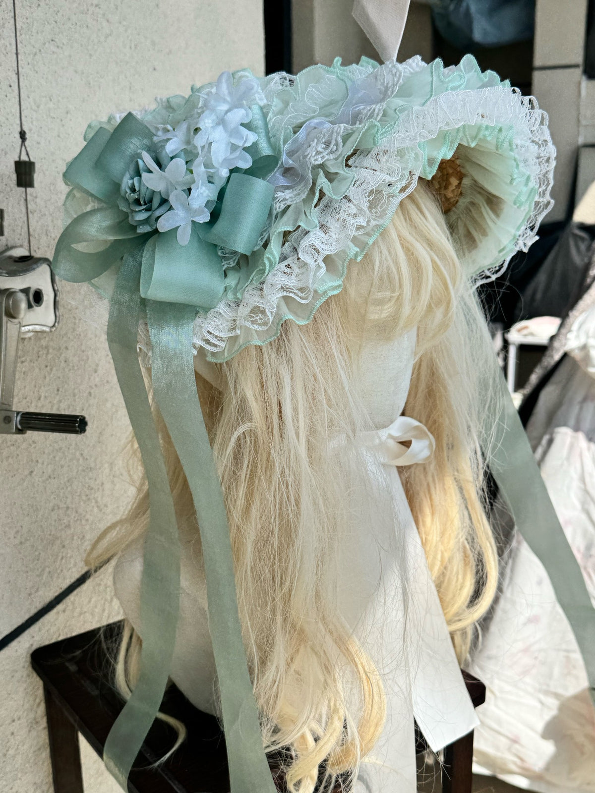 Lolita Green Bonnet Hat with Floral Trim
