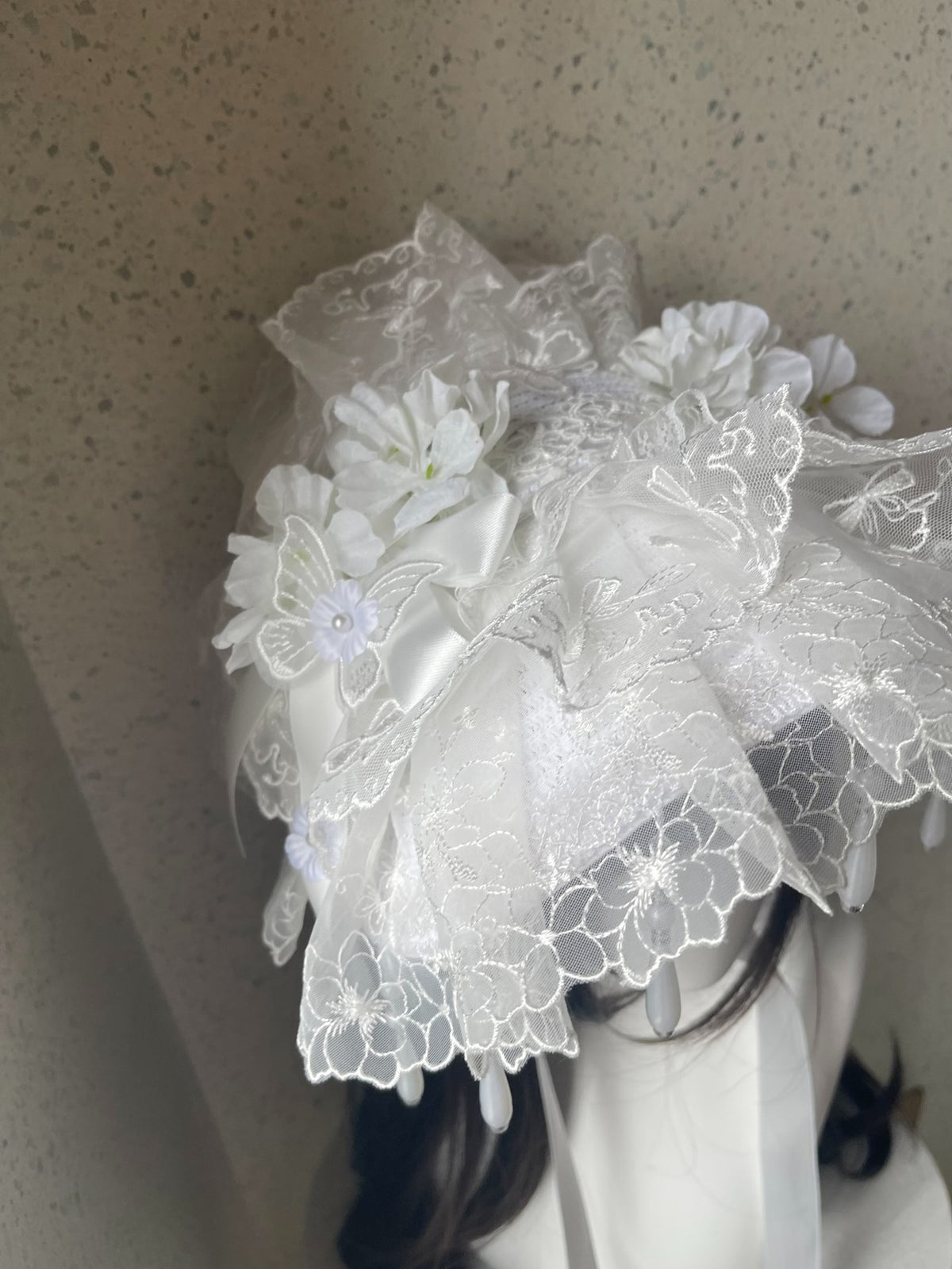 Lolita White Lace Flat Bonnet Handcrafted