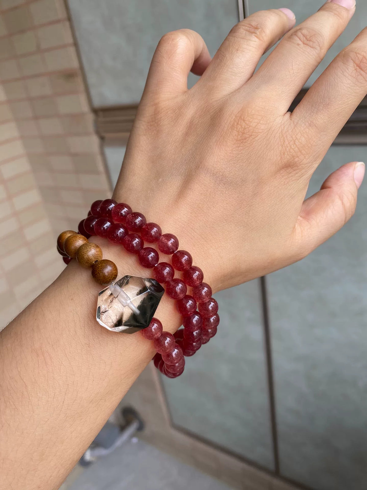 Strawberry Crystal Kalimantan Wood Beaded Bracelet