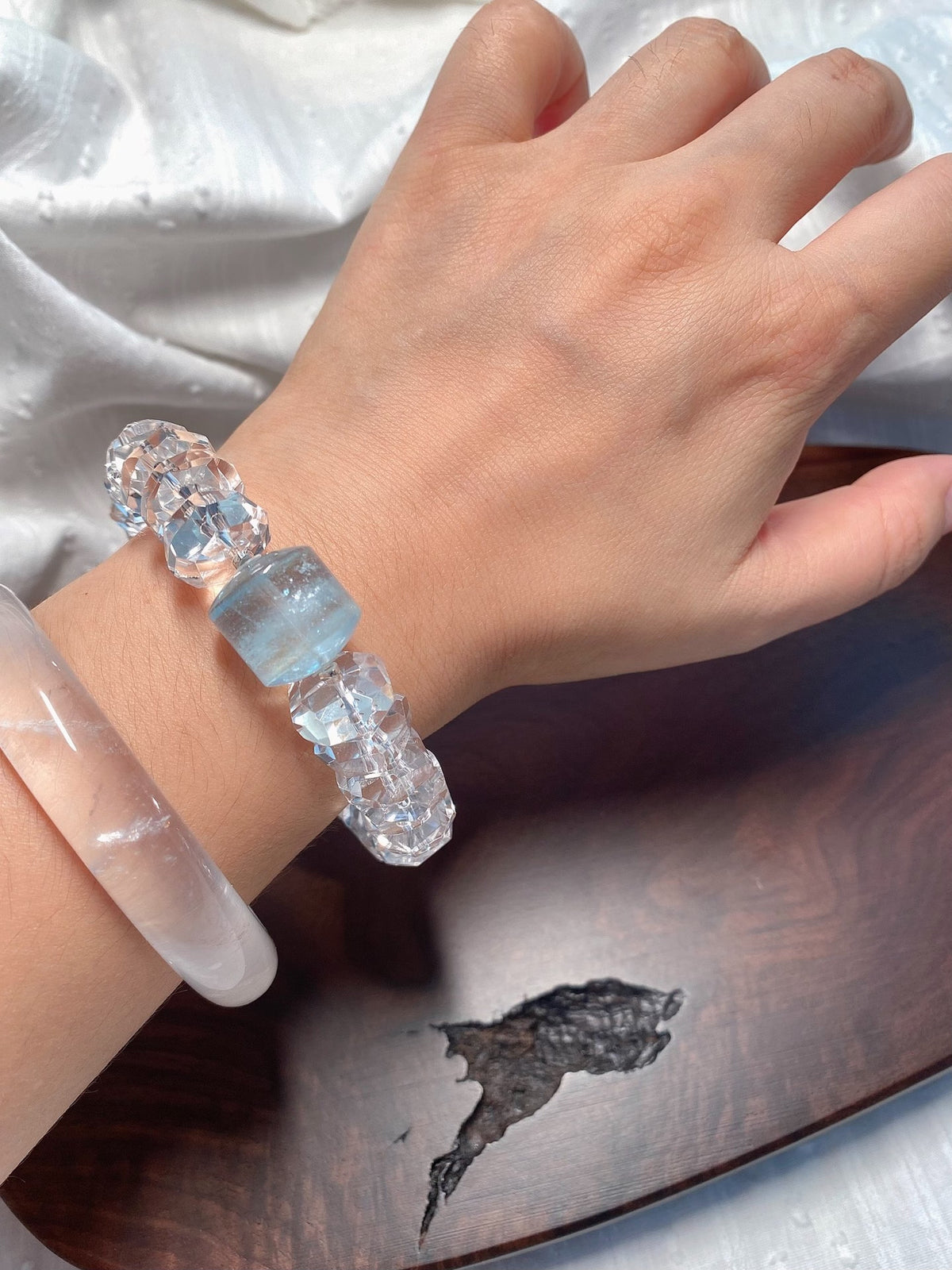 Faceted Clear Quartz Spacer Beads Aquamarine Bracelet