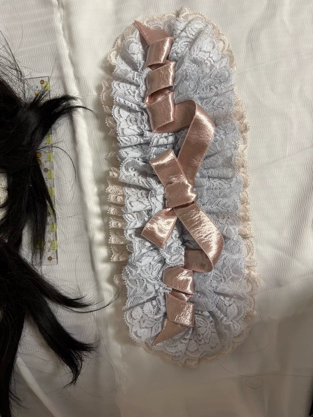 Lace Ruffled Bonnet with Rose Gold Bows