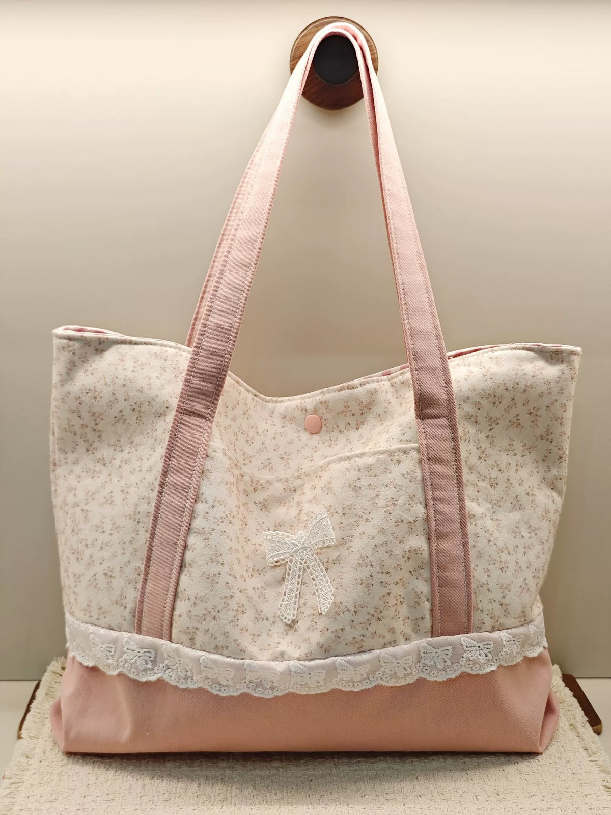 Pink Floral Spliced Large Tote Bag