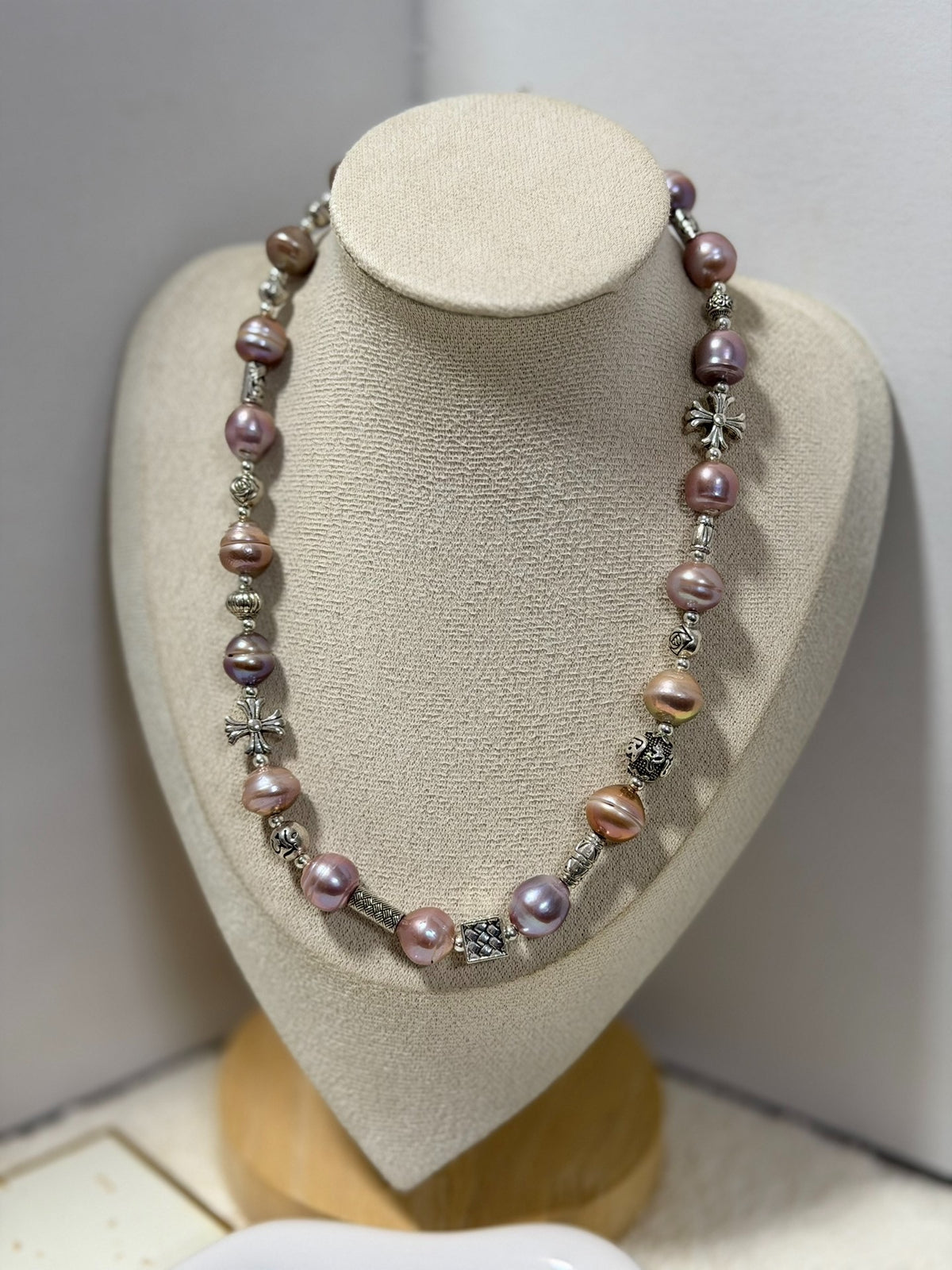 Purple Ribbed Bead Cross Charm Necklace