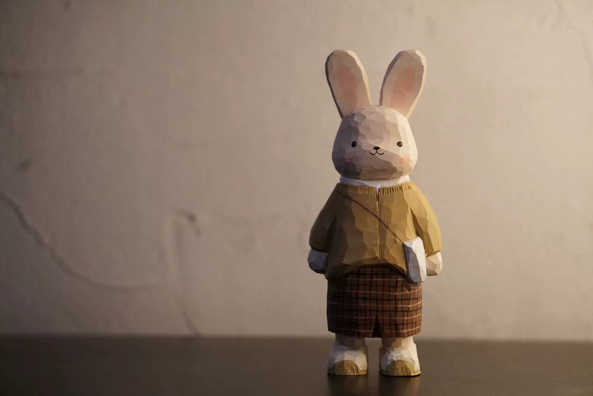 Hand Carved Basswood Rabbit Shoulder Bag Figurine
