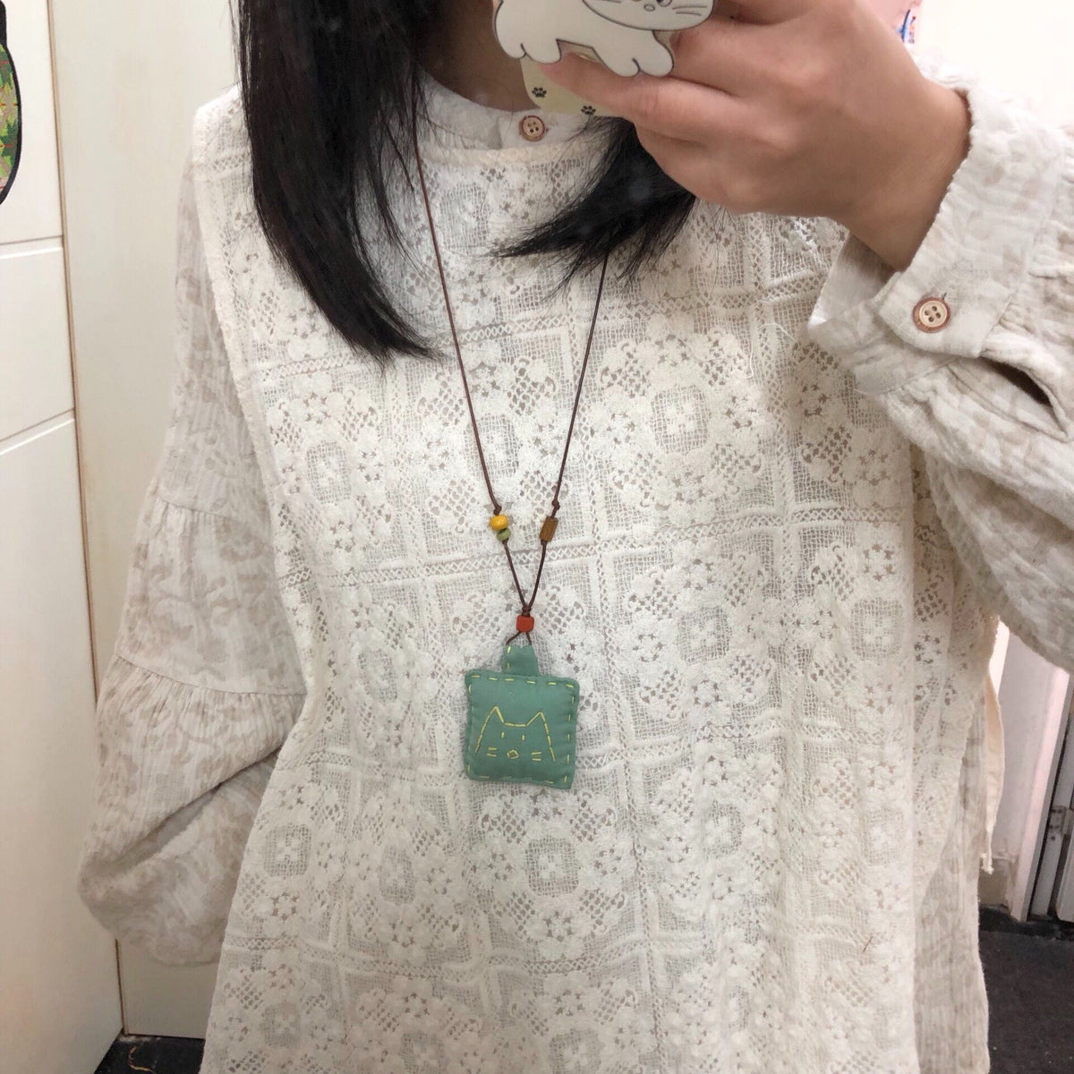 Sage Green Cat Embroidery Pendant Necklace
