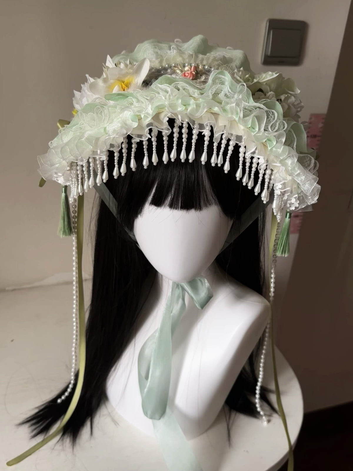 Light Green Bonnet Flat Cap with Pearl Trim