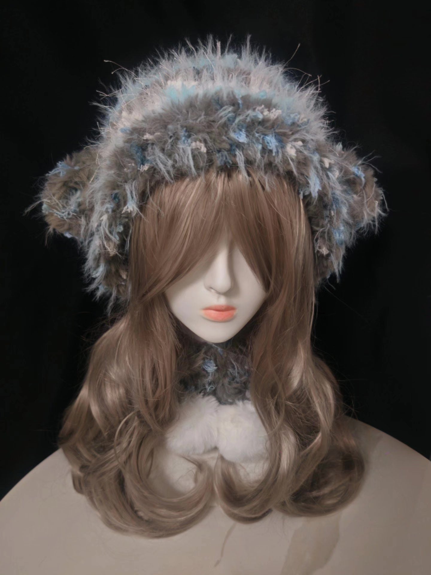 Gray-Blue Lamb Hat with Ear Flaps and Pom-Poms