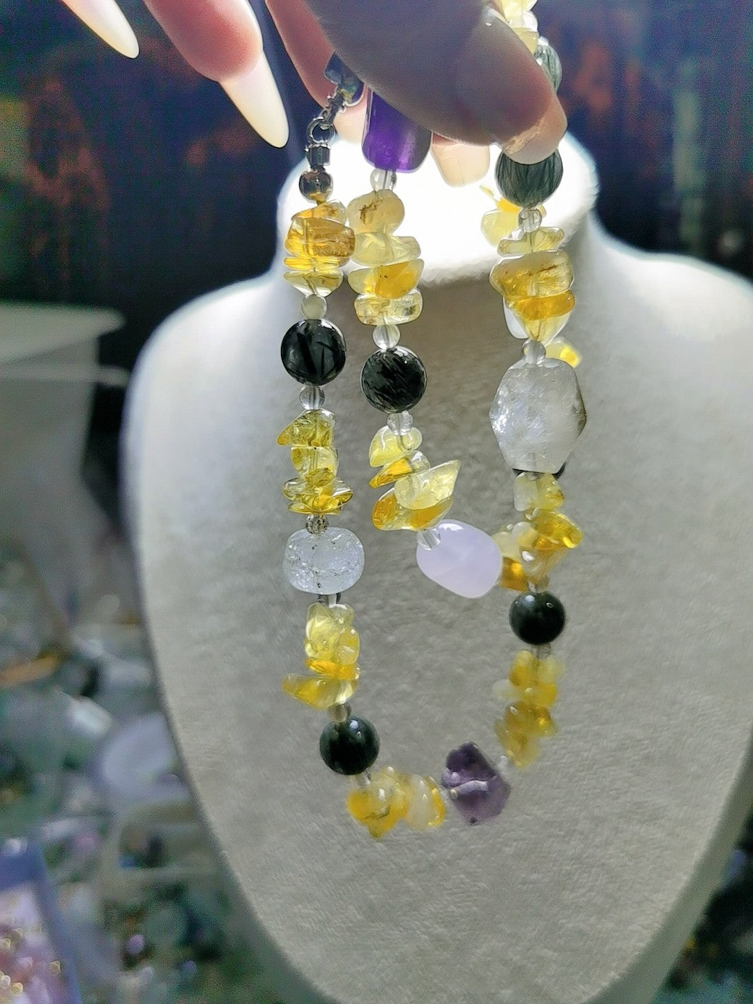 Natural Crystal Necklace Citrine Amethyst Green Rutilated