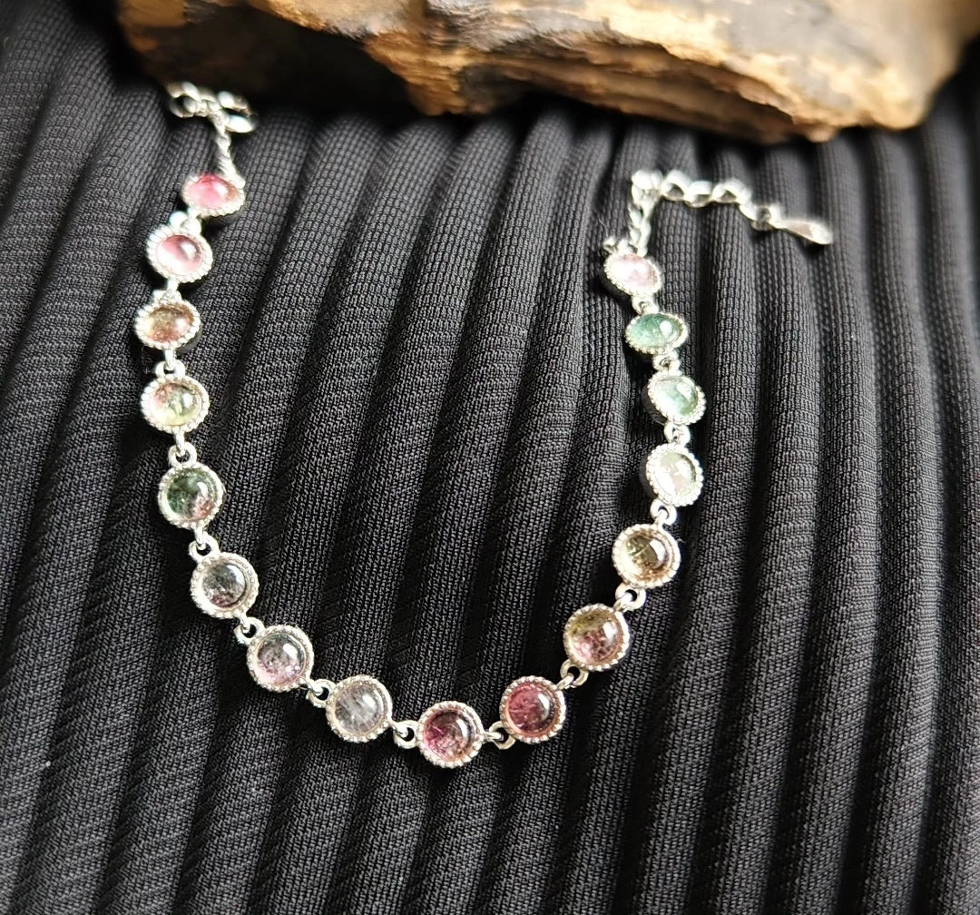 Pink Green Gemstone Silver Bezel Bracelet