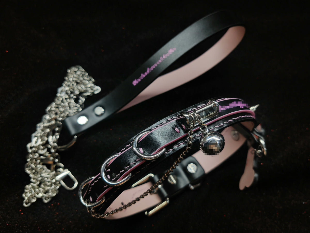 Ensemble collier et laisse en cuir de vache noir et rose