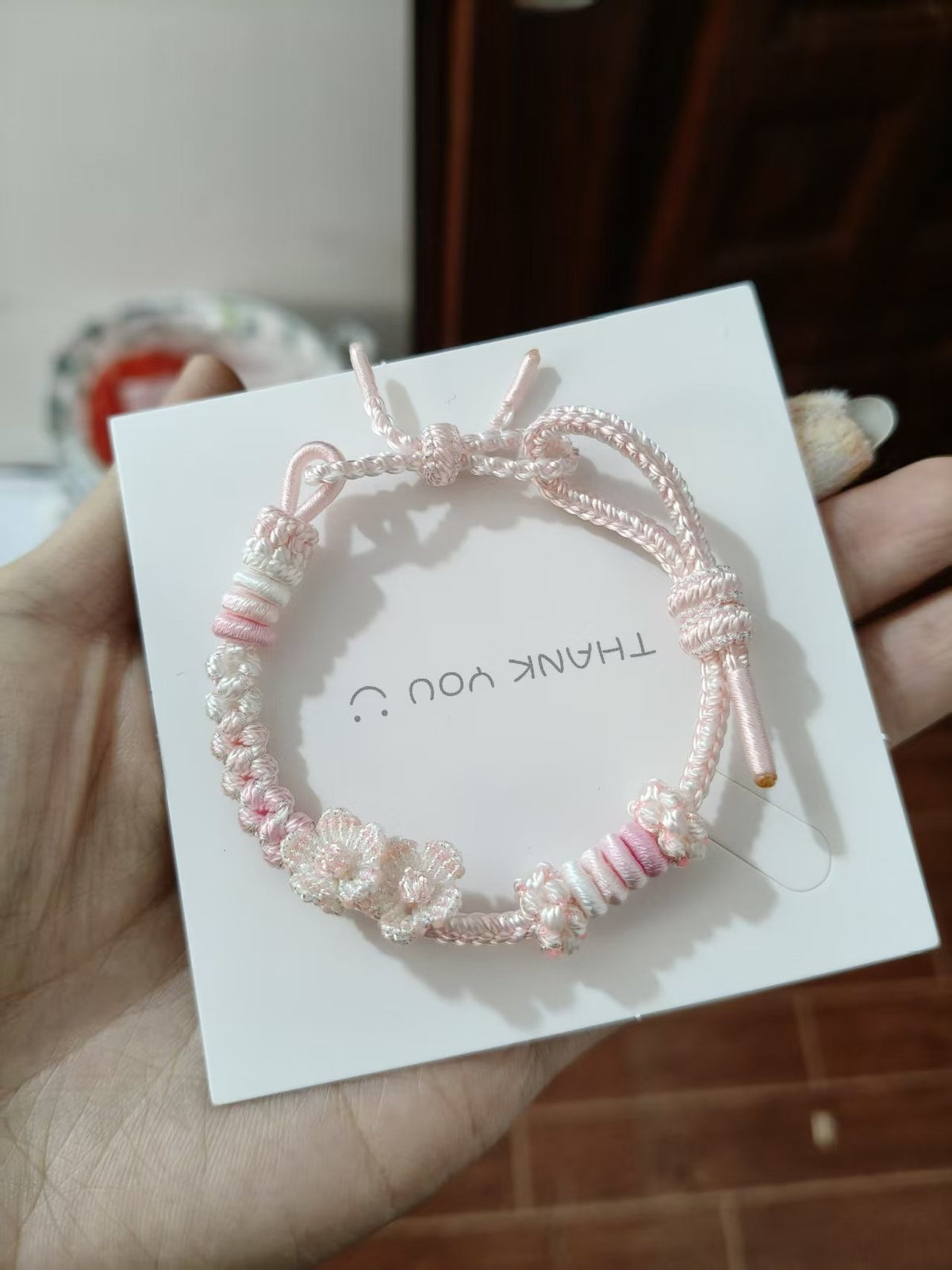 Handwoven Pink White Gradient Flower Bracelet