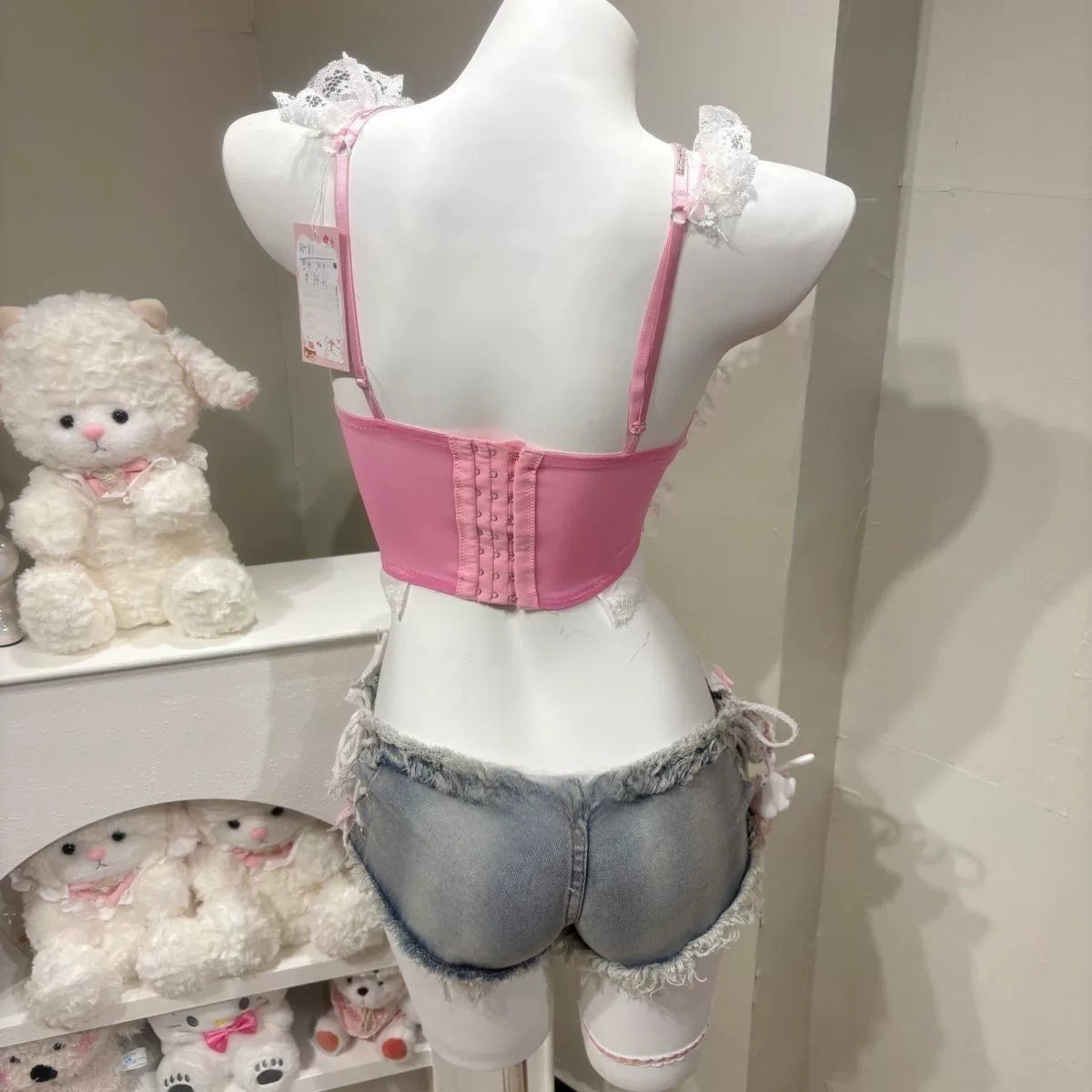 Pink Lace Cami Set with Denim Shorts