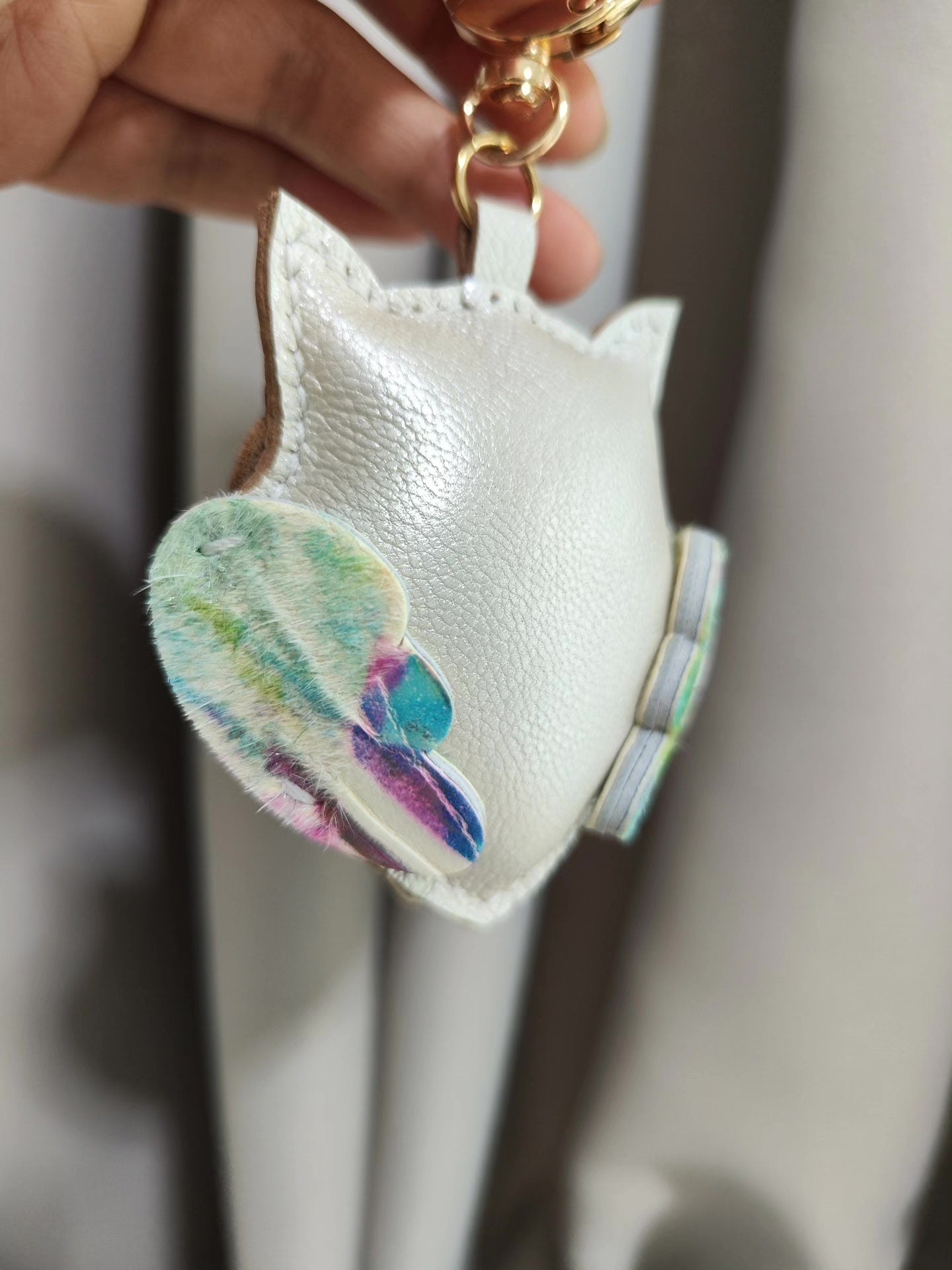 White Leather Owl Keychain with Multicolored Wings and Tail