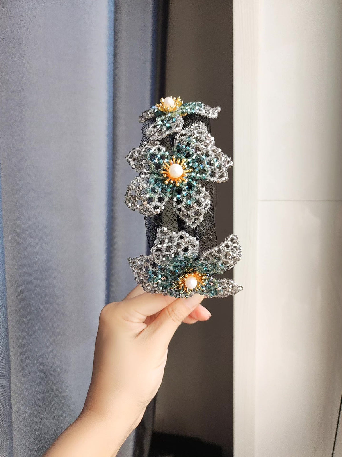 Beaded Floral Headband with Net Veil