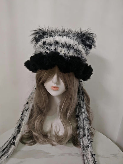 Classic Black White Cat Ear Hat - Handmade Plush Zebra Stripe Beanie