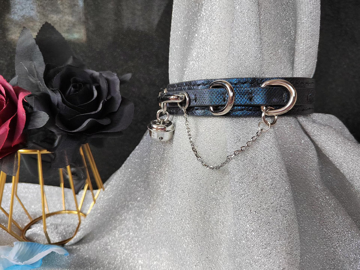 Collare per Animali Doppio Strato in Pelle di Serpente Glitter Blu e Nero