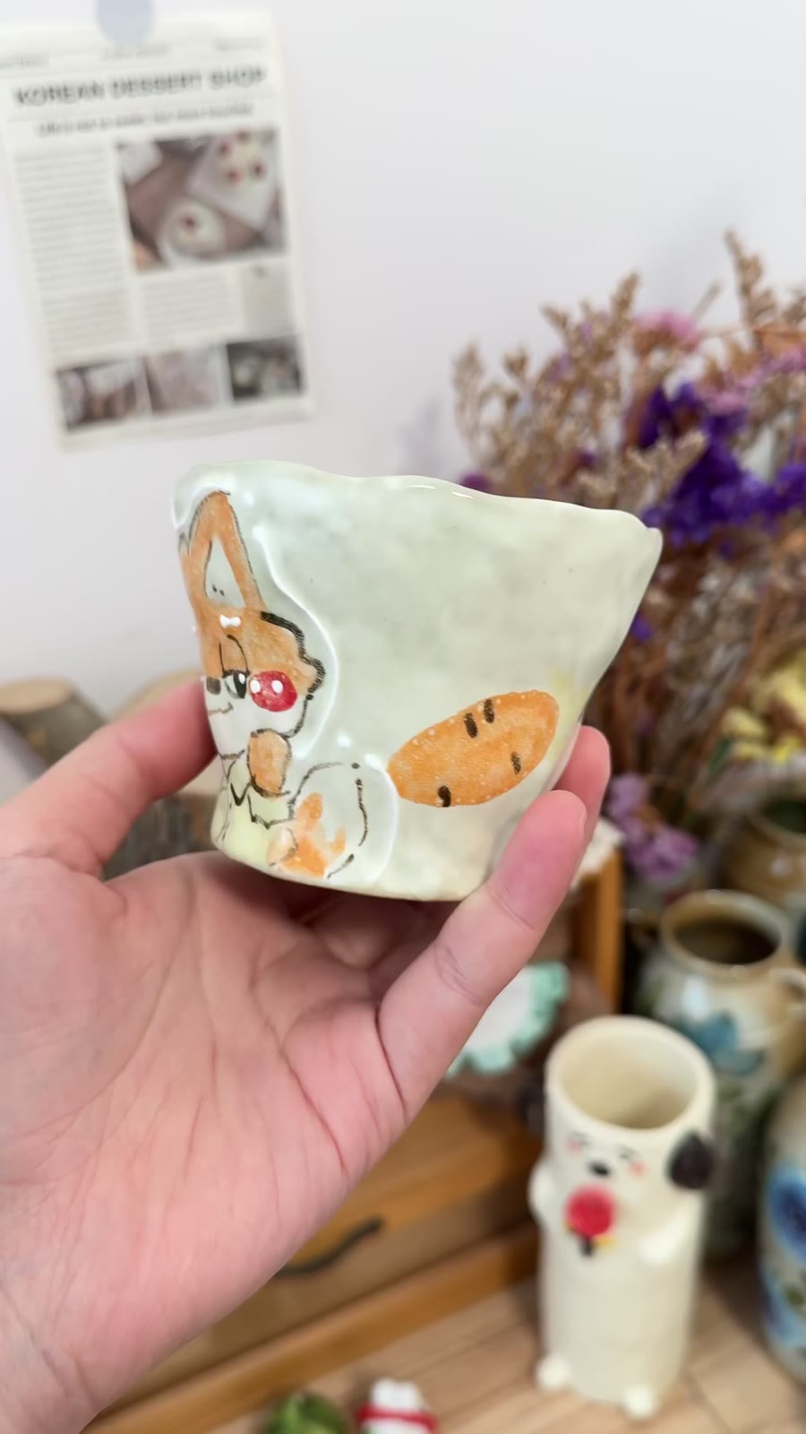 手描きキツネの粗陶コーヒーマグカップ