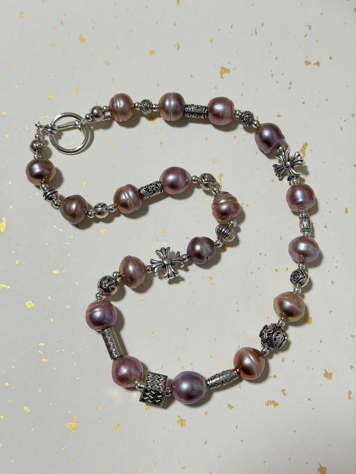 Purple Ribbed Bead Cross Charm Necklace
