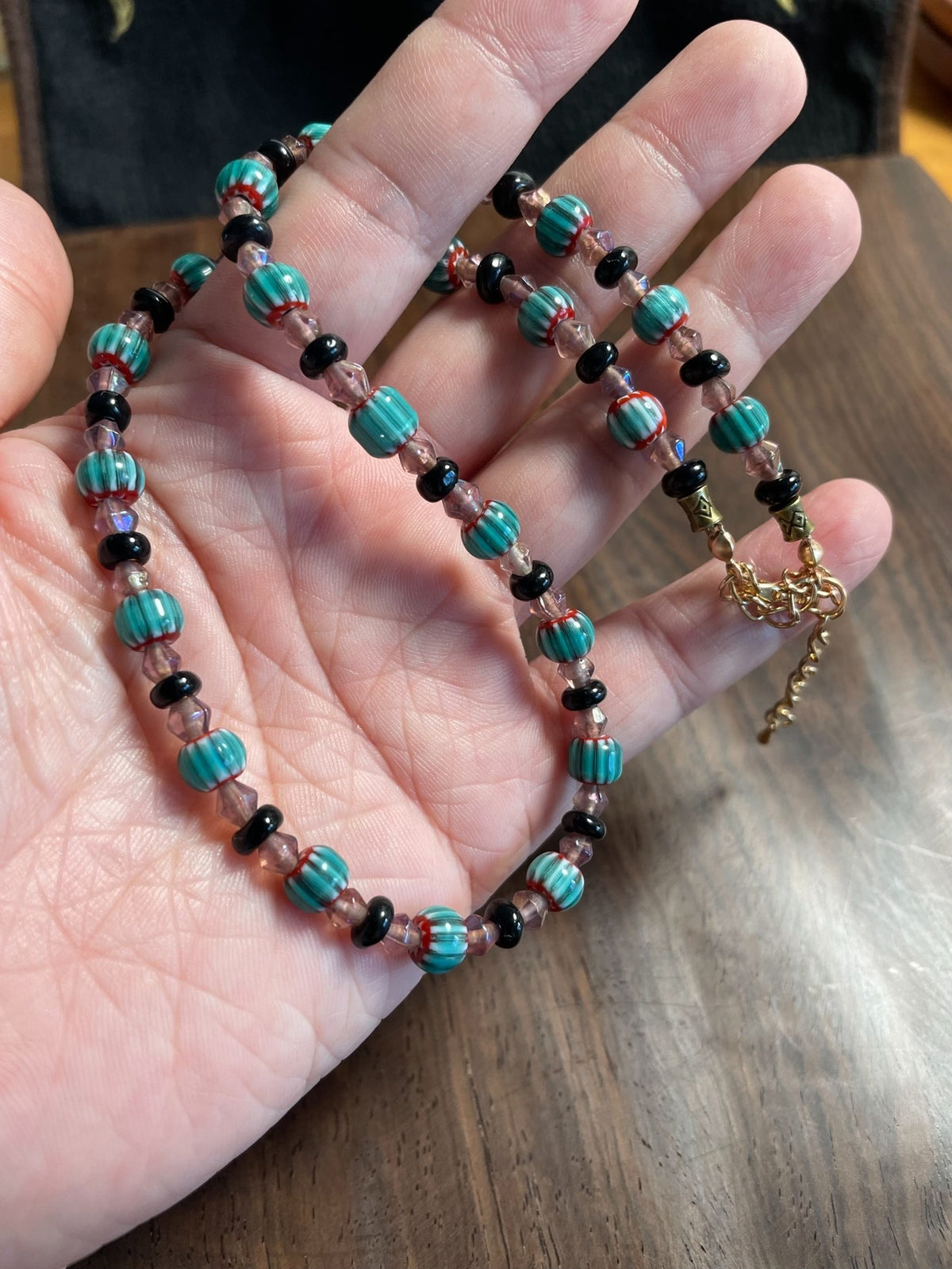 Turquoise Glass Bead Necklace Gold Tone Chain