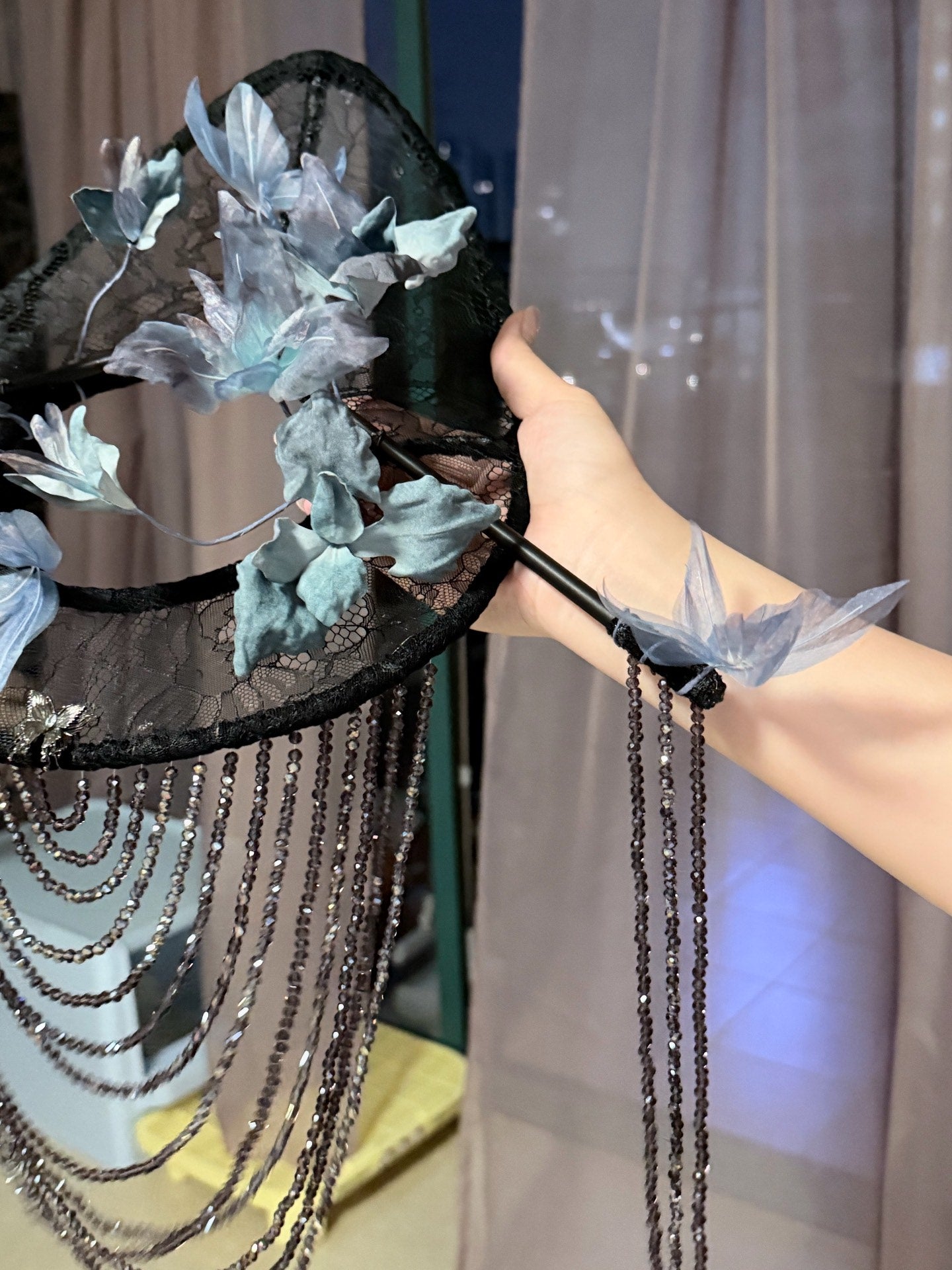 Custom Black Lace Veil Hat with Silk Flowers, Beaded Fringe, and Metallic Bee Ornament