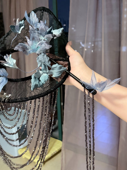 Custom Black Lace Veil Hat with Silk Flowers, Beaded Fringe, and Metallic Bee Ornament